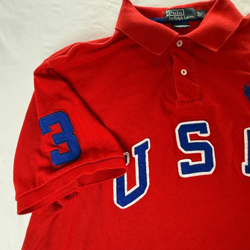 Polo Ralph Lauren Mens 2XL Red USA Custom Fit Big Pony 3 Patch Polo Shirt